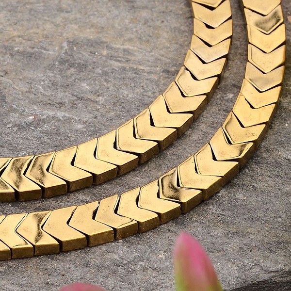 

PandaHall Electroplated Arrows Non-magnetic Synthetic Hematite Bead Strands, Golden Plated, 6x6x3mm, Hole: 1mm, about 101pcs/strand, 15.9...