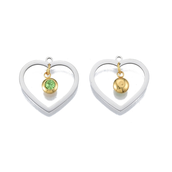 

PandaHall 201 Stainless Steel Pendants, with Rhinestone, Heart with Flat Round, Real Gold Plated & Stainless Steel Color, Peridot, 23x24x1mm..., Green