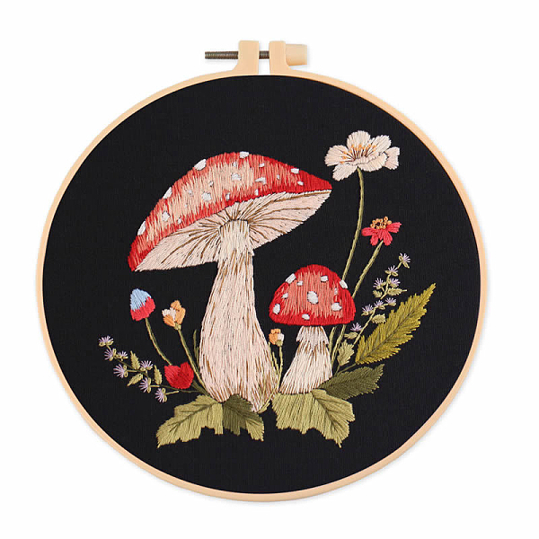 

PandaHall Mushroom Pattern Embroidery Starter Kits, including Embroidery Fabric & Thread, Needle, Embroidery Hoop, Instruction Sheet, Black...