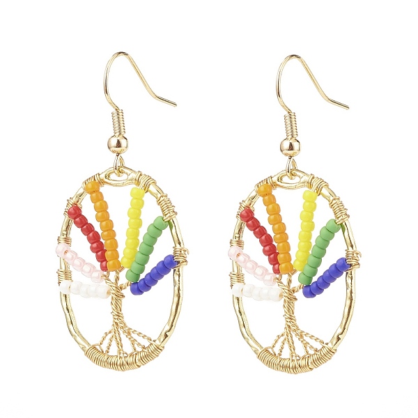

PandaHall Oval with Tree of Life Glass Seed Braided Dangle Earrings, Wire Wrap Brass Drop Earrings for Women, Golden, 47mm, Pin: 0.6mm Glass