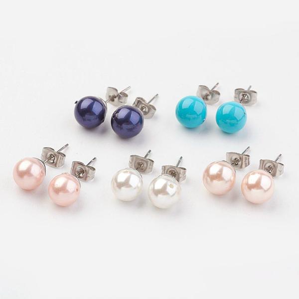 

PandaHall Shell Pearl Ball Stud Earring Findings, with 304 Stainless Steel Ear Stud Components, Mixed Color, 8mm, Pin: 0.7mm Shell Round..., Multicolor