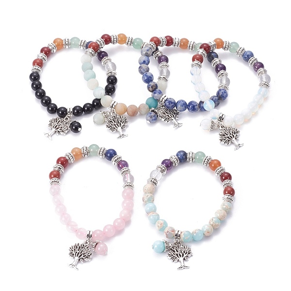 

PandaHall Chakra Jewelry, Natural/Synthetic Mixed Stone Bracelets, with Metal Tree Pendants, 50mm Mixed Stone