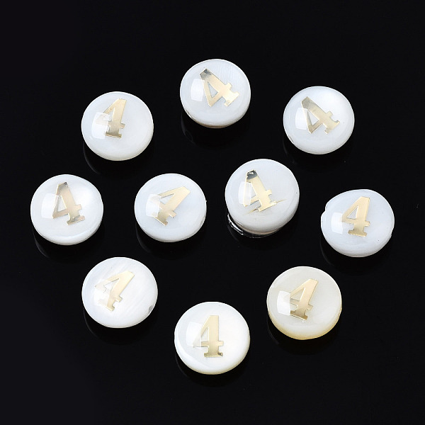 

PandaHall Natural Freshwater Shell Beads, with Golden Plated Brass Metal Embellishments, Flat Round with Number, Num.4, 8x4.5mm, Hole: 0.8mm...