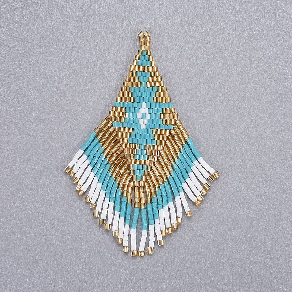 

PandaHall Handmade Japanese Seed Beads Tassels Pendants, with Japan Import Thread, Loom Pattern, Rhombus, Sky Blue, 87~89x26x2mm, Hole...