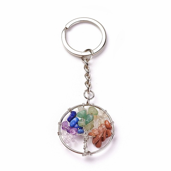 Chakra-Schmuck, natÃ¼rlicher u. synthetischer Mischstein keychain, mit MessingzubehÃ¶r und Eisenring, flach rund mit Baum, Platin Farbe, 84 mm, AnhÃ¤nger: 34x30x6 mm