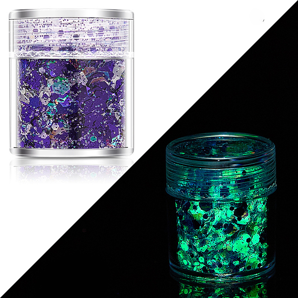 

PandaHall Luminous Nail Art Glitter Powder, Starry Sky Effect, Shiny Nail Decoration, Glow in the Dark, Indigo, 1~3mm Plastic Others Purple