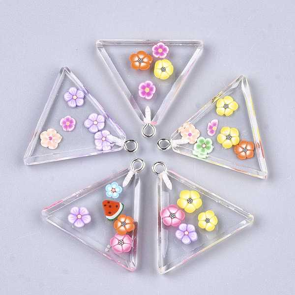 PandaHall Resin Pendants, with Polymer Clay Inside and Iron Findings, Triangle with Flower, Platinum, Colorful, 26.5x28x4.5mm, Hole: 2mm...