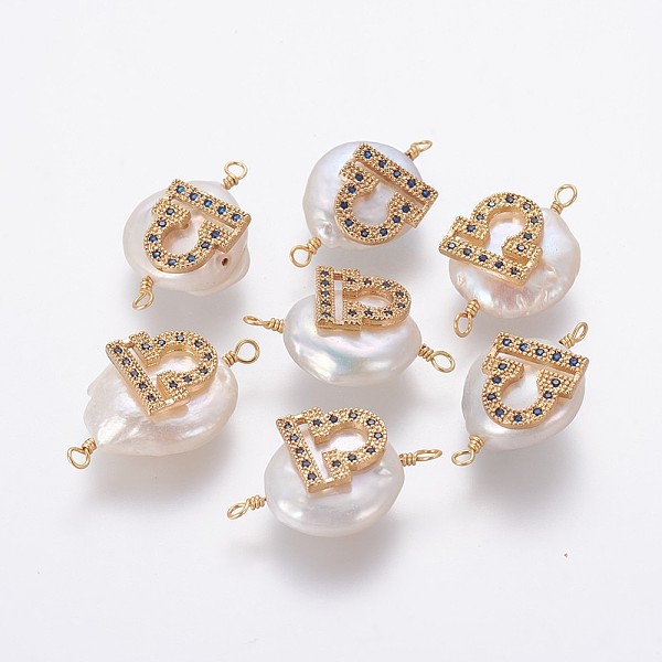 

PandaHall Natural Pearl Links connectors, with Brass Micro Pave Cubic Zirconia Findings, Flat Round with Constellation, Golden, Marine Blue...