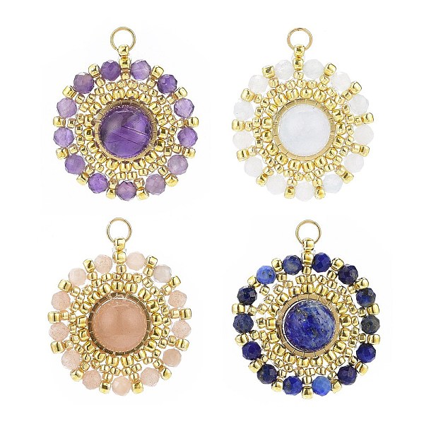 

PandaHall 4Pcs 4 Styles Handmade Japanese Seed Beads Pendants, Braided Natural Mixed Gemstone Flower Charm, Faceted, 24.5x22~23x8mm, Inner..., Gold