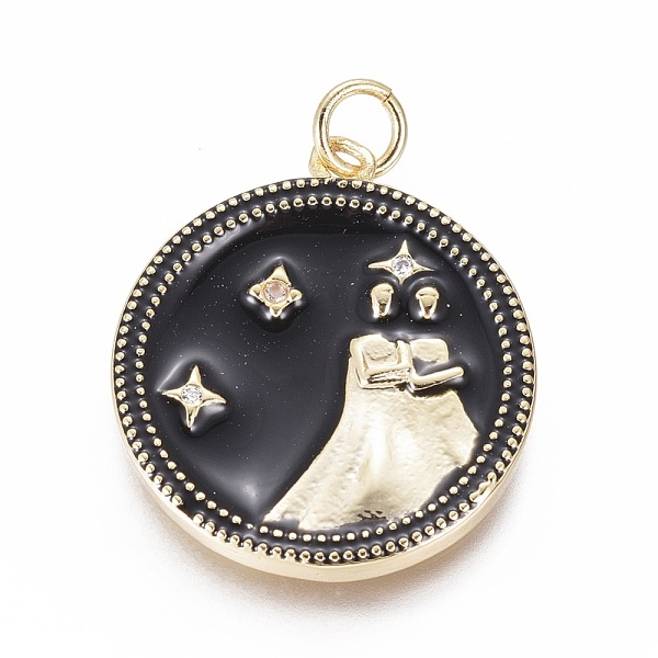 

PandaHall Brass Micro Pave Cubic Zirconia Pendants, with Enamel and Jump Ring, Flat Round with Constellations, Golden, Gemini, 23x21x2.5mm..., Clear