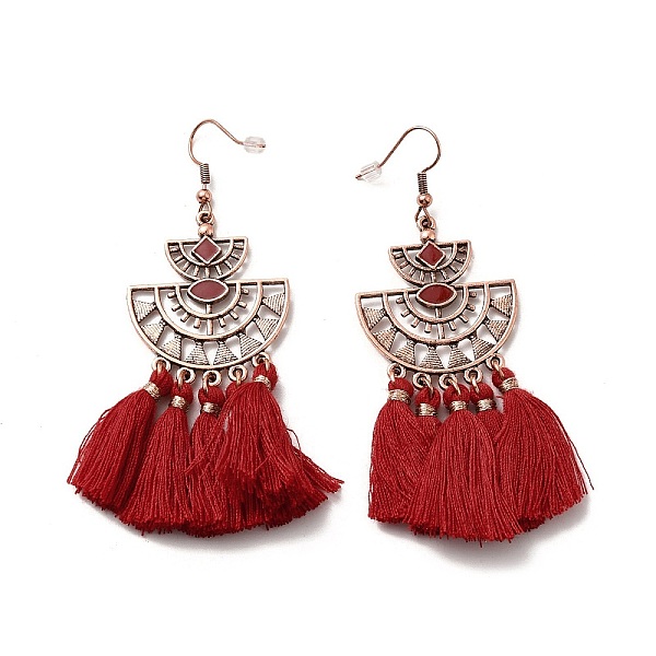 

PandaHall FireBrick Enamel Geometry with Tassels Dangle Earrings, Iron Long Drop Earrings for Women, Fan Pattern, 78mm, Pin: 0.6mm Alloy Fan..., Red