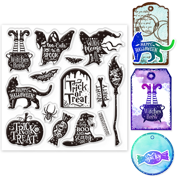 

PandaHall GLOBLELAND Happy Halloween Silhouette Clear Stamps for DIY Scrapbooking Ghost Witch Silicone Clear Stamp Seals 5.9x5.9inch...
