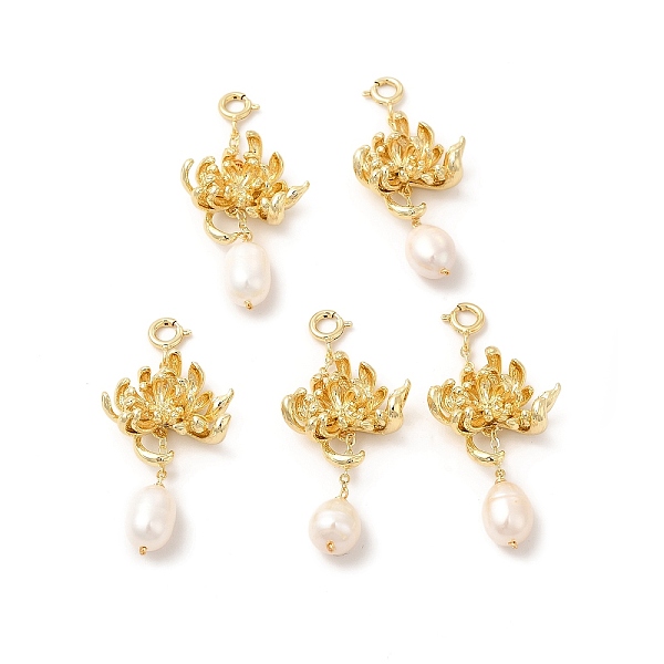 

PandaHall Natural Pearl Spring Ring Clasp Charms, with Brass Flower Pendants, Real 14K Gold Plated, 44.5mm, Pendant: 31.5x20mm Brass