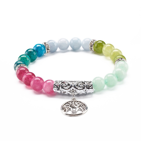 

PandaHall Natural Chalcedony Round Beads Bracelet, Curved Tube Beads and Tree of Life Alloy Charm Stretch Bracelet for Girl Women, Antique...