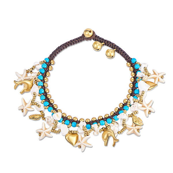 

PandaHall SHEGRACE Waxed Cord Anklets, with Synthetic Turquoise, Gemstone Chips, Brass Beads and Charms, Ocean Theme, Seashell Color, 9 inch...