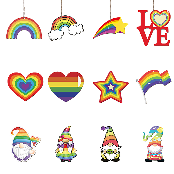 

PandaHall Pride Rainbow Theme Wooden Pendant Decorations, Jute Cord Hanging Ornaments, Mixed Shapes, Mixed Color, 60~100x60~100mm, Hole: 3mm..., Multicolor