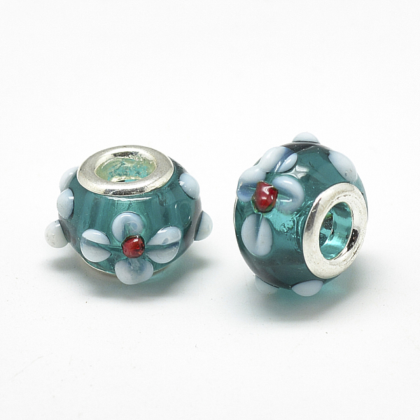 

PandaHall Handmade Lampwork European Beads, Bumpy Lampwork, with Platinum Brass Double Cores, Large Hole Beads, Rondelle with Flower, Teal..., Cyan