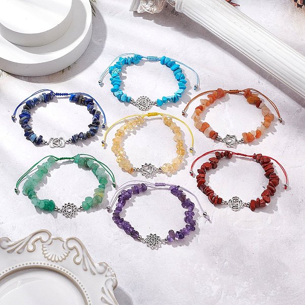 7Pcs Chakra Theme Natural & Synthetic Mixed Gemstone Chips Braieded Beads Bracelets, Chakra Charm Jewelry for Women, Inner Diameter: 2-3-1/8 inch(5-8cm)