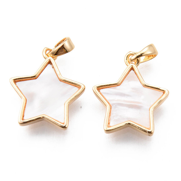PandaHall Brass Pendants, with Shell and Snap on Bails, Star, Real 18K Gold Plated, Nickel Free, Seashell Color, 18x16x3mm, Hole: 2.5x4mm...