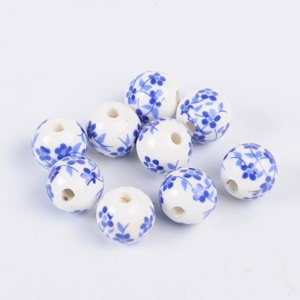 PandaHall Handmade Printed Porcelain Beads, Round, Dodger Blue, 12mm, Hole: 3mm Porcelain Round Blue