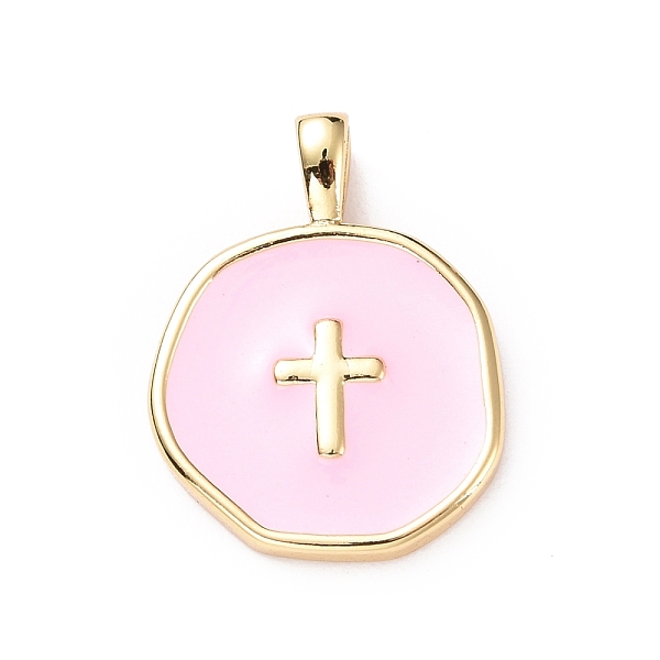 

PandaHall Brass Enamel Pendants, Light Gold, Flat Round with Cross, Pearl Pink, 18x13.5x3.5mm, Hole: 2x3.5mm Brass+Enamel Flat Round