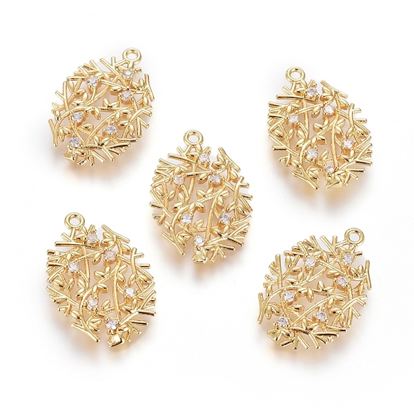 

PandaHall Brass Micro Pave Cubic Zirconia Pendants, Long-Lasting Plated, Oval with Branches and Leaves, Real 18K Gold Plated, Clear...