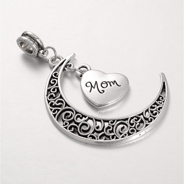 

PandaHall Mother's Day Theme, Tibetan Style Alloy Large Hole European Dangle Charms, Moon and Heart Pendants, with Word Mom, Antique Silver...