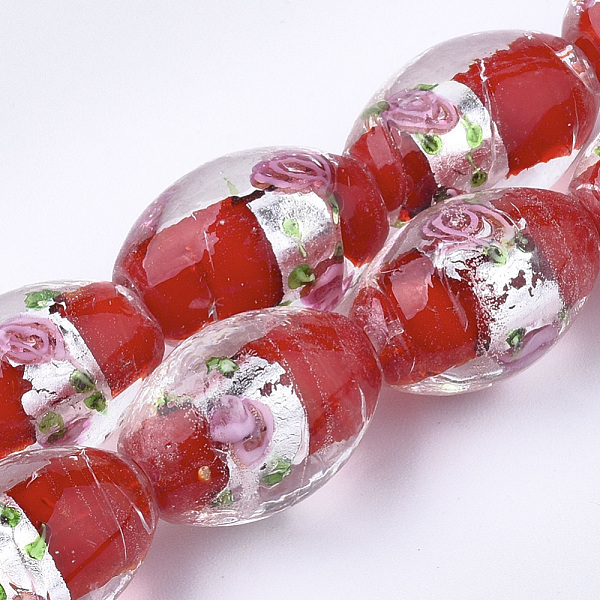 

PandaHall Handmade Silver Foil Glass Lampwork Beads, Oval with Flower, Red, 16~17x9~11mm, Hole: 1.5~2mm Silver Foil Oval Red