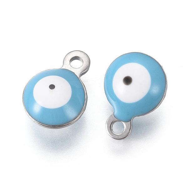 

PandaHall 304 Stainless Steel Enamel Charms, Flat Round with Evil Eye, Stainless Steel Color, Sky Blue, 8.5x6x4mm, Hole: 1mm Stainless...