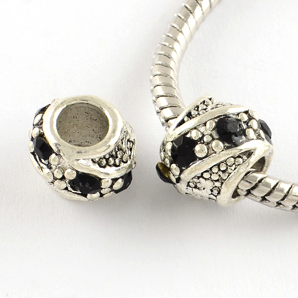

PandaHall Barrel Antique Silver Plated Metal Alloy Rhinestone European Beads, Large Hole Beads, Jet, 10~11x9mm, Hole: 5mm Alloy+Rhinestone..., Black