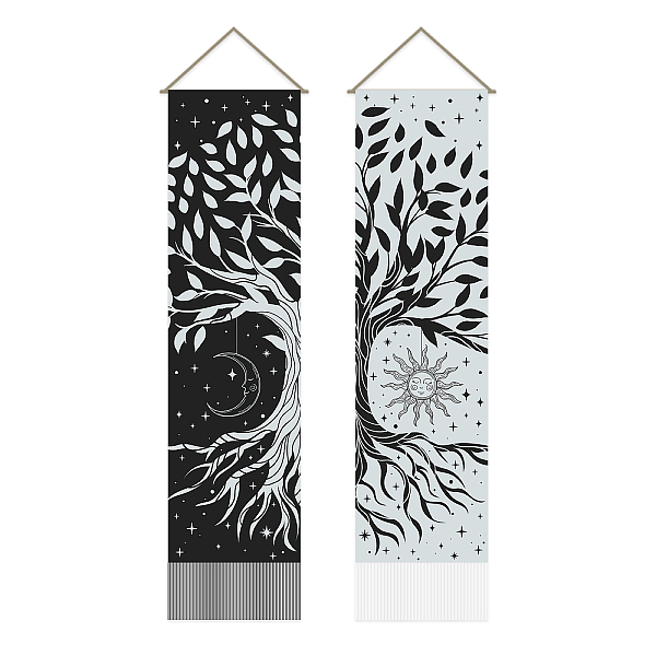 

PandaHall Polyester Decorative Wall Tapestrys, for Home Decoration, with Wood Bar, Rope, Rectangle, Tree of Life Pattern, 1300x330mm...