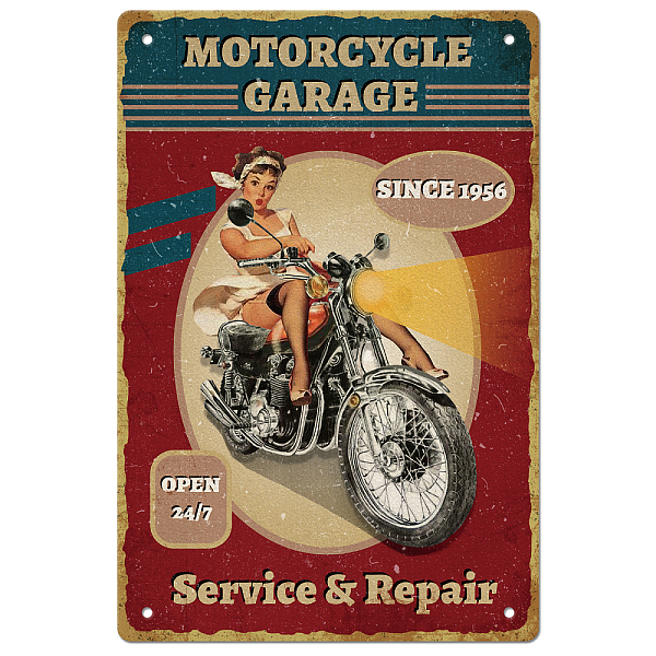 

PandaHall SUPERDANT Motorcycle Garage Open 24/7 Tin Sign Girl on the Motorcycle Vintage Metal Tin Signs Funny Wall Art Painting Metal Decor...
