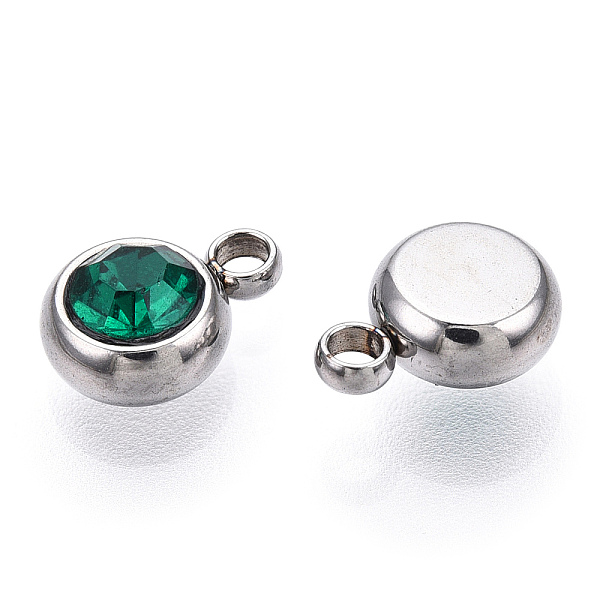 

PandaHall 201 Stainless Steel Rhinestone Charms, March Birthstone Charms, Flat Round, Stainless Steel Color, Emerald, 8.5x6x3mm, Hole: 1.5mm..., Green