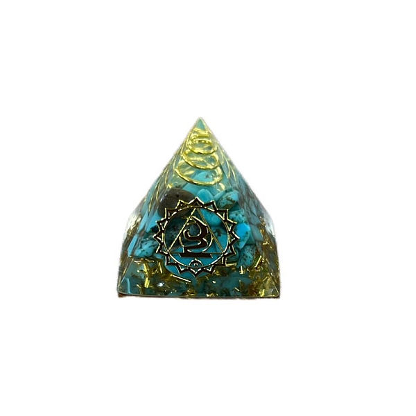 

PandaHall Chakra Pattern Orgonite Pyramid Resin Display Decorations, with Brass Findings and Synthetic Turquoise Chips Inside, for Home...