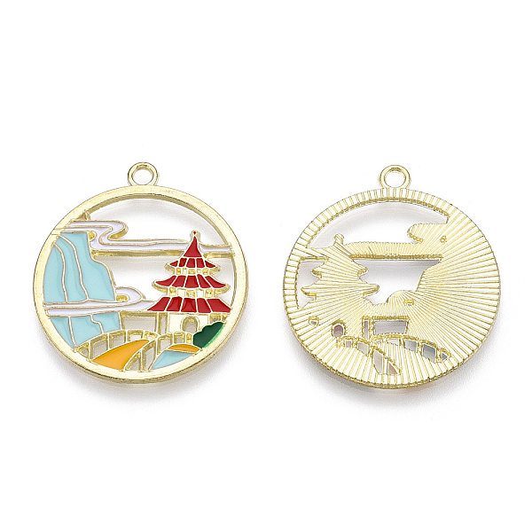 

PandaHall Chinese Style Alloy Pendants, with Enamel, Flat Round, Cadmium Free & Lead Free, Colorful, Light Gold, 30x27x1.5mm, Hole: 1.8mm...