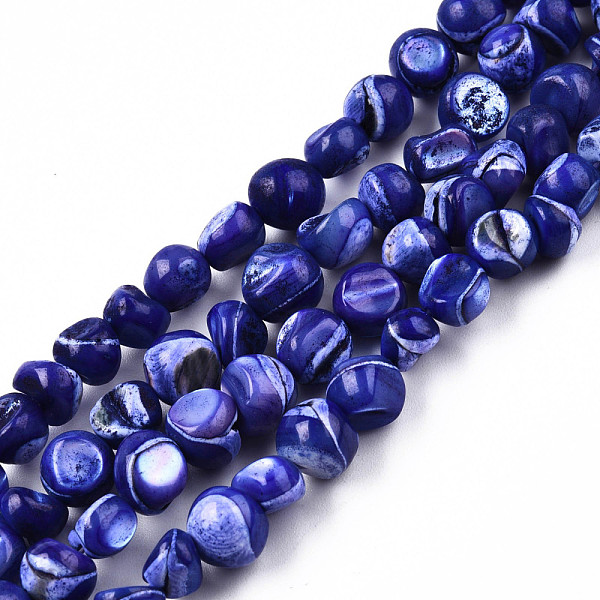 PandaHall Natural Trochid Shell/Trochus Shell Beads Strands, Dyed, Nuggets, Medium Blue, 7~12x5~10x4~8mm, Hole: 1mm, about 60~64pcs/strand...