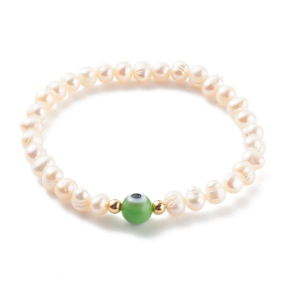 

PandaHall Natural Pearl Stretch Beaded Bracelets, with Round Evil Eye Lampwork Beads and Brass Beads, Real 18K Gold Plated, Lime, Inner..., Green
