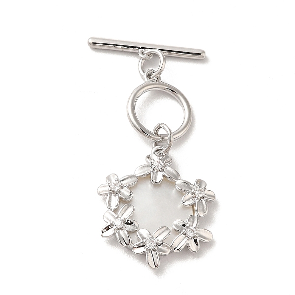 

PandaHall Brass Pave Clear Cubic Zirconia Toggle Clasps, with Natural Shell, Flower, Platinum, Pendant: 20x17.5x3.5mm, Hole: 1.2mm, Bar...