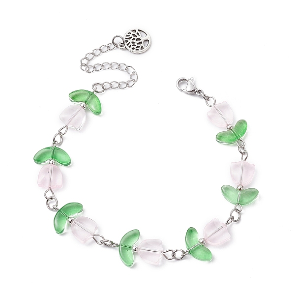 

PandaHall Glass Flower Beaded Bracelets, with 304 Stainless Steel Chains, Stainless Steel Color, 7-3/4 inch(19.7cm) Glass Flower