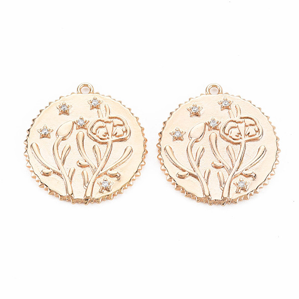

PandaHall Brass Micro Pave Clear Cubic Zirconia Pendants, Birth Floral Charms, Nickel Free, Flat Round, Real 18K Gold Plated, Flower Pattern...