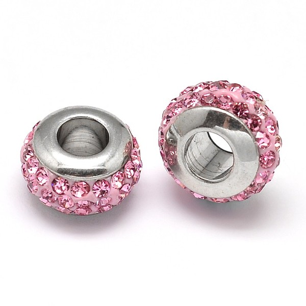 

PandaHall Rondelle 304 Stainless Steel Polymer Clay Rhinestone European Beads, with Double Side Platinum Color Core, Stainless Steel Color..., Pink