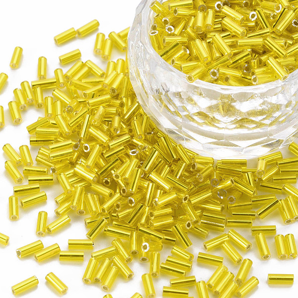 

PandaHall Plated Glass Bugle Beads, Metallic Colours, Yellow, 4x2mm, Hole: 1mm, about 14000pcs/Pound Glass Yellow