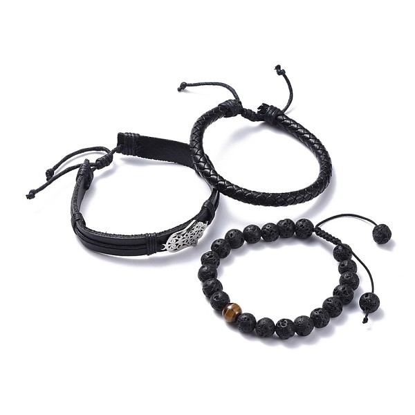 

PandaHall Adjustable Bracelets Sets, Stackable Bracelets, with Natural Lava Rock & Tiger Eye Beads, 201 Stainless Steel Hamsa Hand Links..., Black