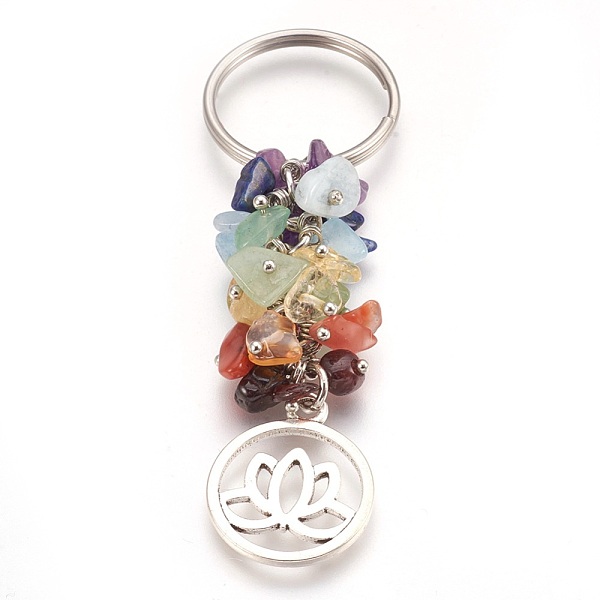 

PandaHall Natural Gemstone Keychain, with Brass Findings, Flat Round with Lotus, 80mm, Pendant: 24x19.5x1.5mm Mixed Stone Flat Round