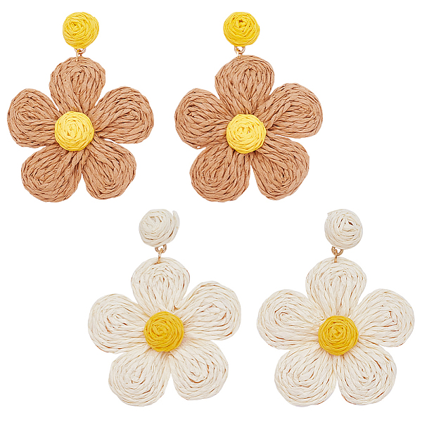 

PandaHall ANATTASOUL 2 Pairs 2 Colors Raffia Grass Paper Flower Dangle Stud Earrings, Alloy Long Drop Earrings for Women, Mixed Color, 71mm..., Multicolor