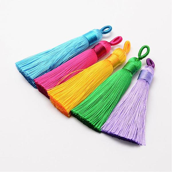 

PandaHall Polyester Tassel Big Pendant Decorations, Ice Silk Tassel, Mixed Color, 60~67x8mm, Hole: 5x7mm Polyester Multicolor