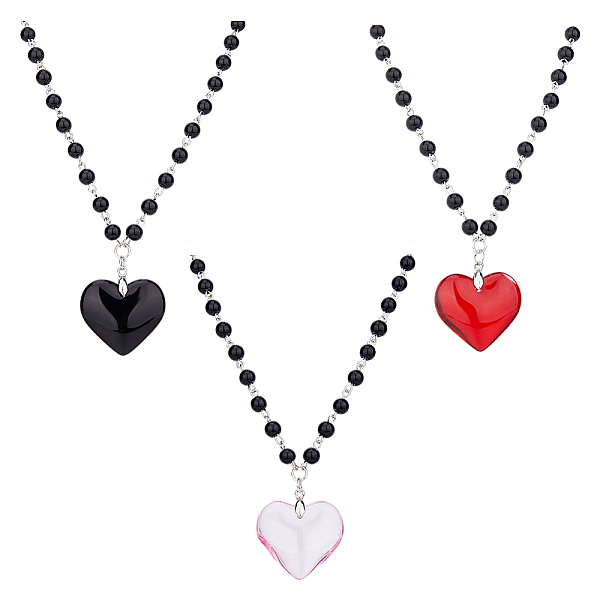 

PandaHall FIBLOOM 3Pcs 3 Colors Glass Heart Pendant Necklaces Set with Plastic Beaded Chains, Alloy Necklaces for Women, Mixed Color, 18.03..., Multicolor