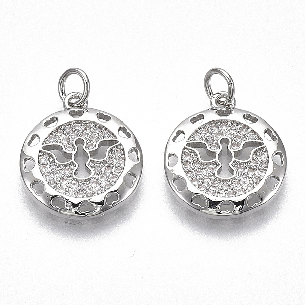 

PandaHall Brass Micro Pave Clear Cubic Zirconia Pendants, Flat Round with Angel, Nickel Free, Real Platinum Plated, 17x15x2mm, Jump Ring...