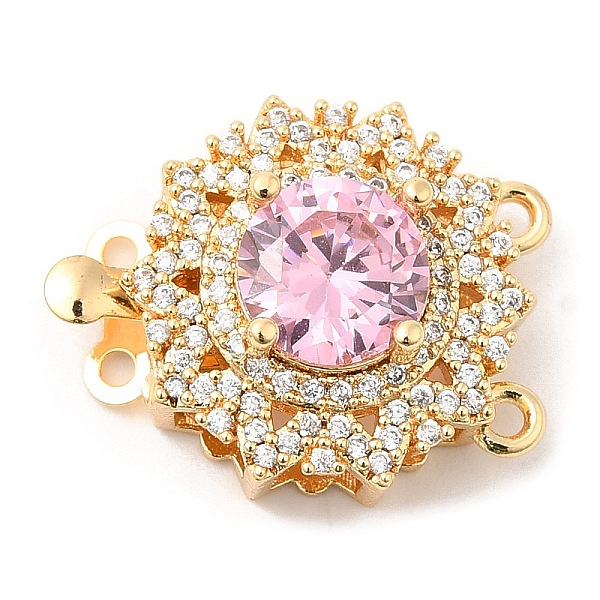 

PandaHall Brass Micro Pave Clear Cubic Zirconia Box Clasps, 2-Strand, 4-Hole, with Pink Glass Rhinestone, Flower, 16.5x21.5x10mm, Hole...