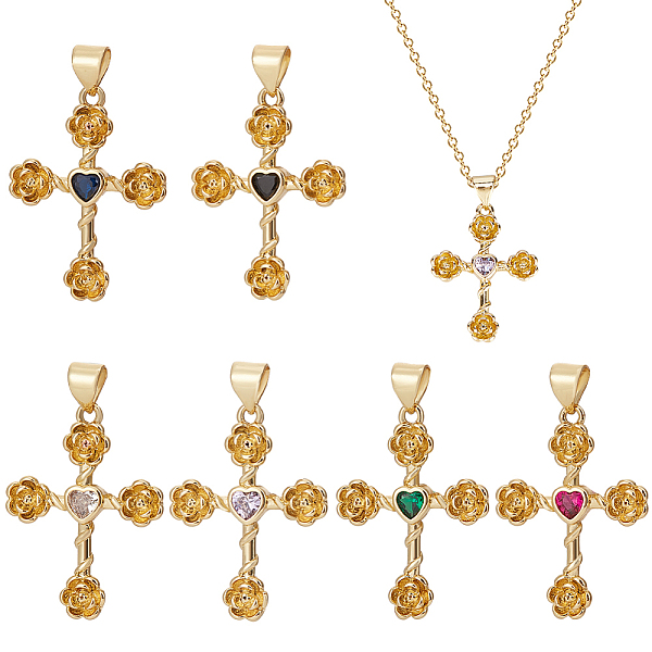 

PandaHall CHGCRAFT 6Pcs 6 Colors Cross with Flower Brass Micro Pave Cubic Zirconia Pendants, Cadmium Free & Nickel Free & Lead Free, Real..., Multicolor
